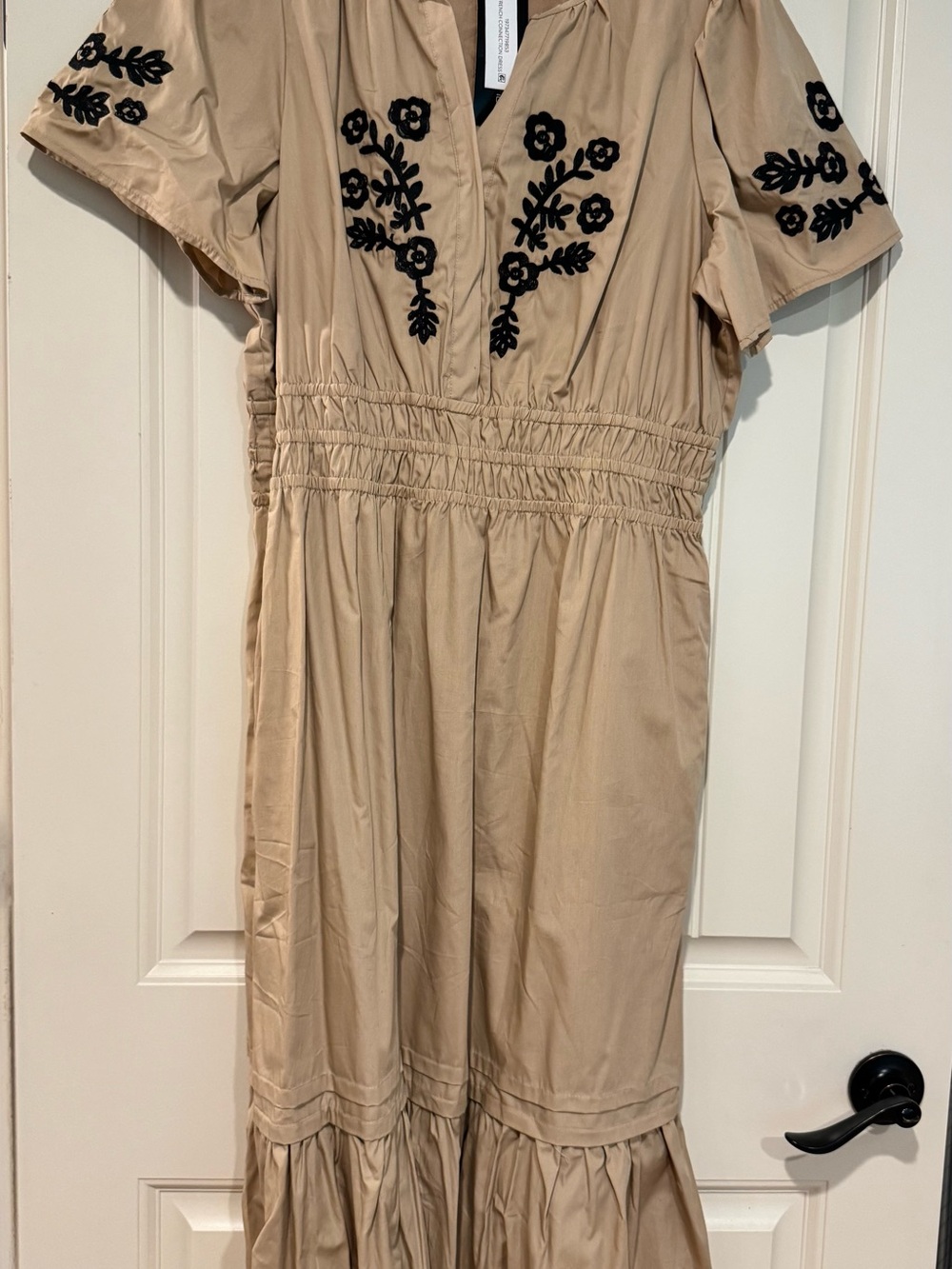 Beige Dress with Black Floral Embroidery